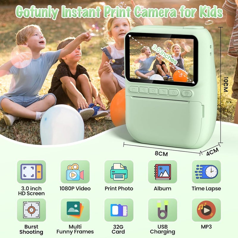 Gofunly Kids Camera Instant Print, 3.0" HD 32MP 1080P Toddler Digital Camera with 3 Rolls of Printer Paper, Birthday Gifts Toy for 3-12 Year Old Girls Boys with 32GB SD Card-Green - Image 3